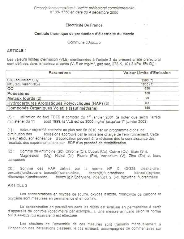 Arrété préfectoral du 4 décembre 2000